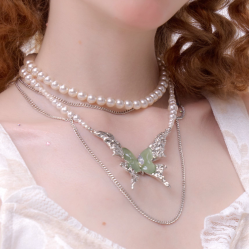 Mint Green Butterfly Pearl Necklace