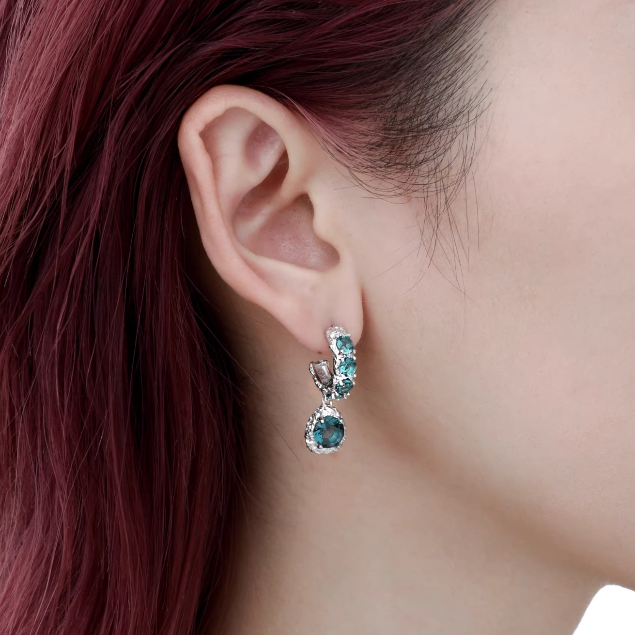 Ocean Blue Gem Textured Hoop Drop Earrings