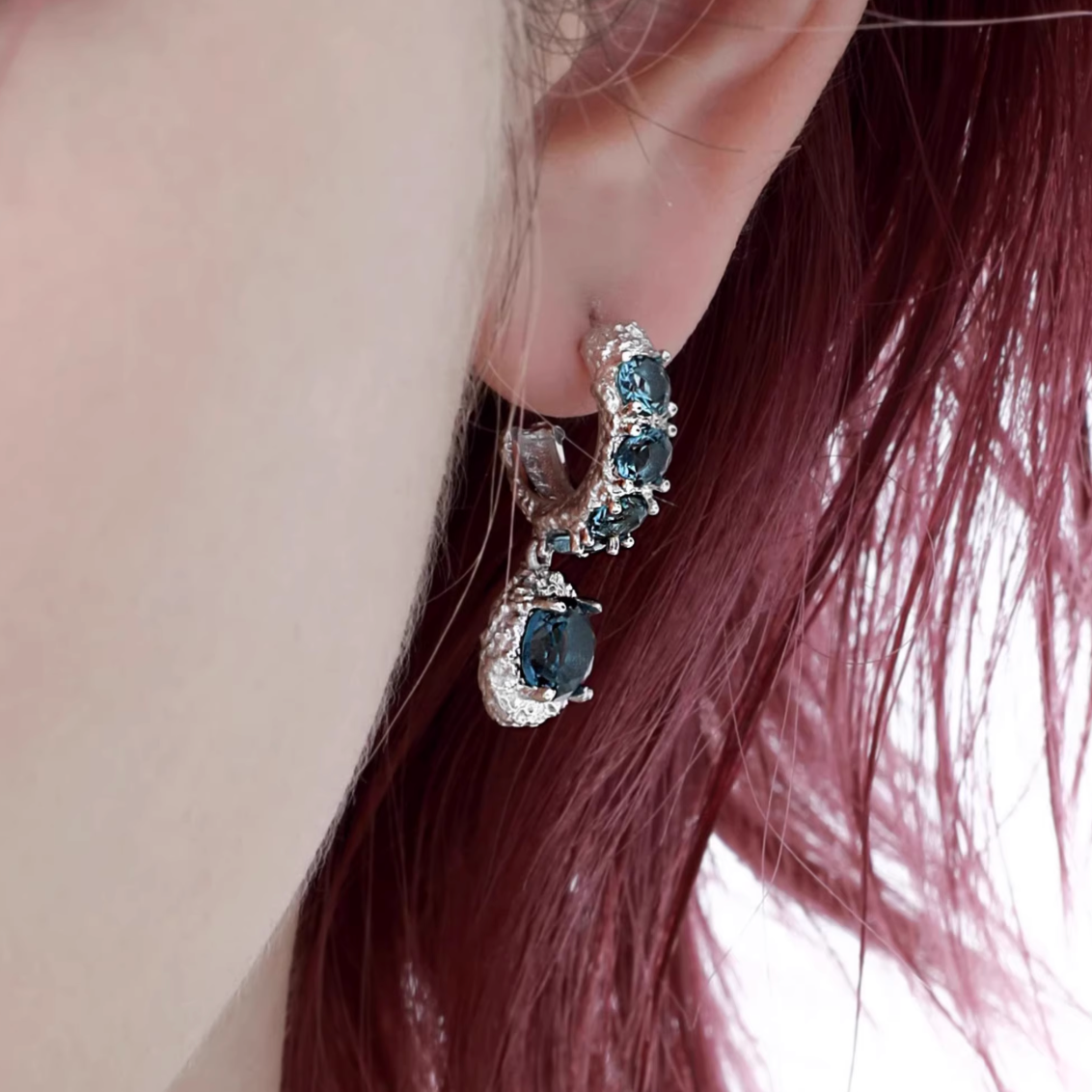 Ocean Blue Gem Textured Hoop Drop Earrings