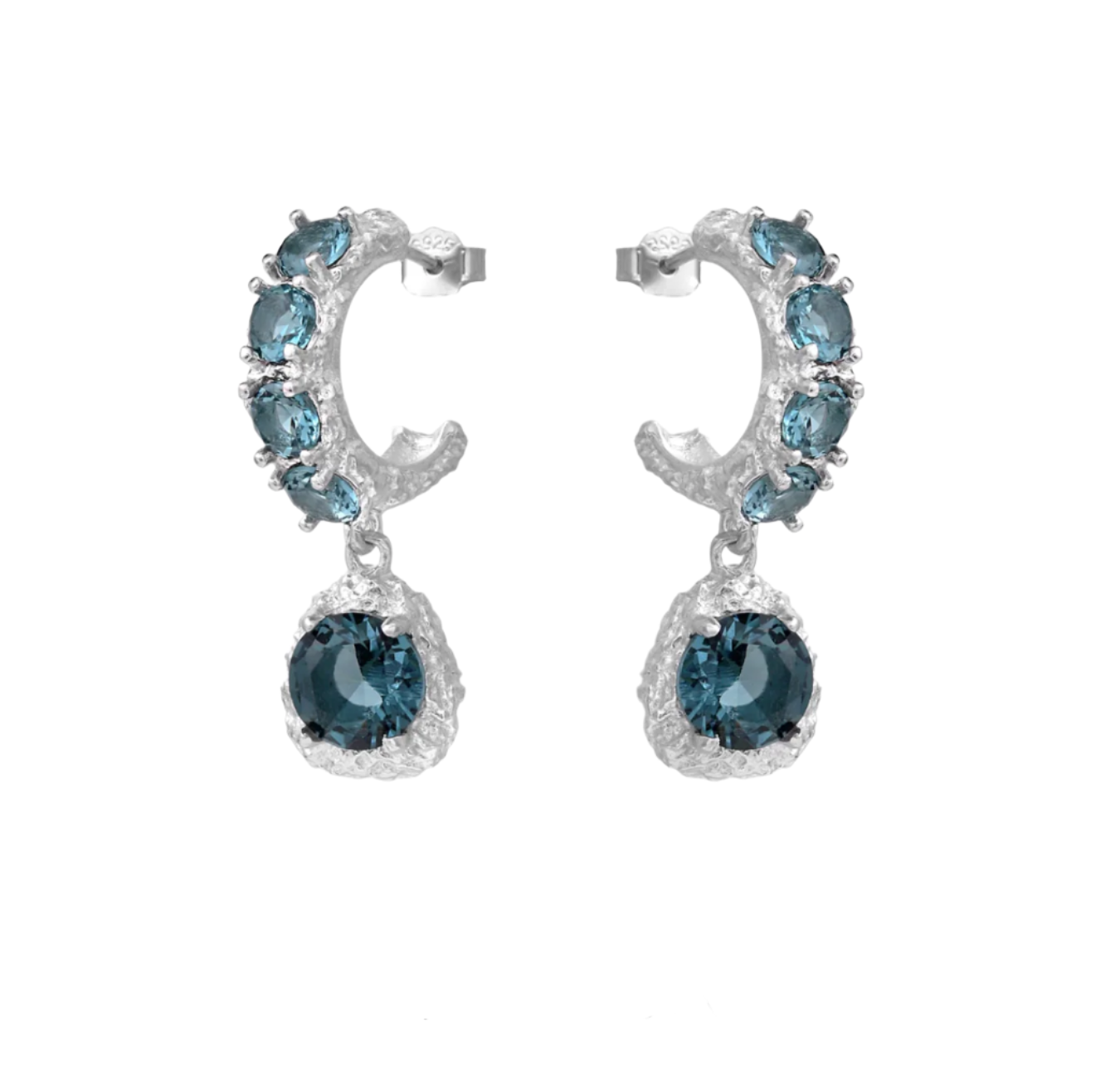 Ocean Blue Gem Textured Hoop Drop Earrings