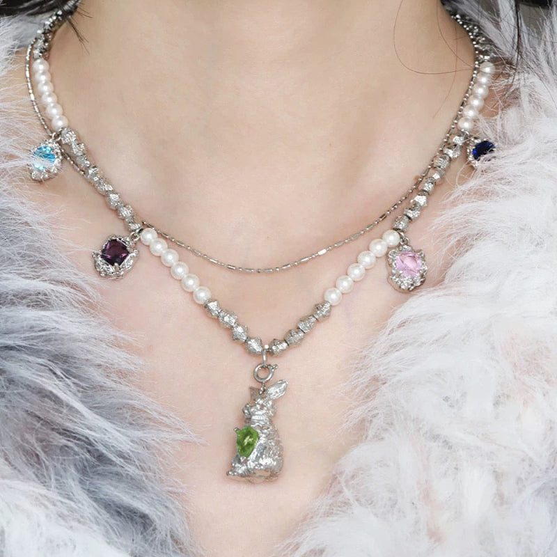 Rainbow Bunny Pearl Necklace