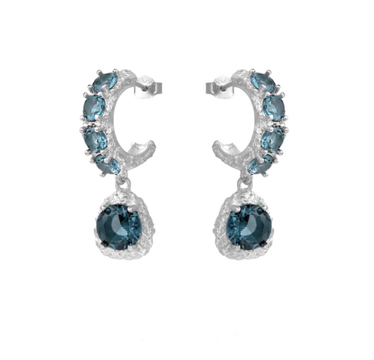 Ocean Blue Gem Textured Hoop Drop Earrings